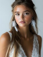 Young Caucasian bride wearing white lace wedding dress and feather earrings poses for romantic portrait with natural makeup and soft lighting against light background.