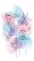 Beauty salon watercolor illustration with hair dryer, scissors, mirror, cosmetics and flowers on pastel background for spa and wellness design.