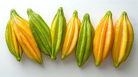 Fresh ripe and unripe star fruit arranged in row on white background, tropical carambola whole fruits showing natural ripening stages from green to yellow.