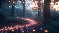 Magical forest path illuminated by glowing particles and bokeh lights at misty dawn, creating ethereal atmosphere with soft pink and blue tones in woodland setting.