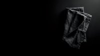 Folded denim jeans hanging against dark background, monochrome studio shot for fashion and apparel design projects.