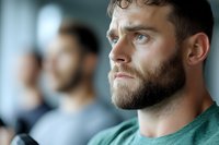 Caucasian bearded man in green t-shirt looking ahead with determined expression. Blurred people in background create depth. Professional headshot for business or lifestyle content.