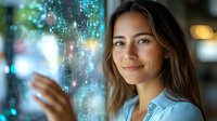 Young woman with gentle smile looking through rainy window with bokeh lights in background, creating atmospheric mood for lifestyle and emotional concepts.