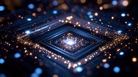 Futuristic microchip processor with glowing circuits and bokeh lights on dark background for technology and computing concepts.