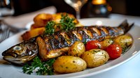 Grilled whole trout served with roasted baby potatoes, cherry tomatoes and fresh herbs on white plate, elegant restaurant presentation with warm lighting.