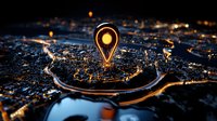 Glowing location pin marker floating over dark night city map with illuminated streets and buildings, aerial view perspective for navigation concept.