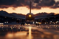 Commercial airplane on runway at sunset with dramatic sky and mountain backdrop for travel and aviation industry concepts.