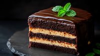 Layered chocolate cake slice with caramel cream filling and dark chocolate ganache topping, garnished with fresh mint leaves on black slate background.