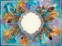 Ornate watercolor frame with decorative feathers and floral elements, featuring blank center space for text, invitations, or design projects on isolated background.