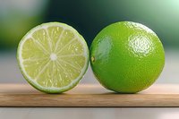 Fresh lime cut in half showing juicy pulp segments alongside whole green lime on wooden cutting board against blurred background.