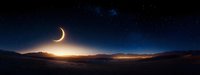 Panoramic night landscape with crescent moon illuminating mountain valley, glowing city lights in distance, and starry sky creating atmospheric scenery.