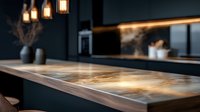 Luxurious epoxy resin dining table with golden swirls and natural wood edges in modern dark kitchen interior with ambient lighting and decorative elements.