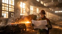 Young male worker in industrial setting holding blueprint while colleague performs welding with bright sparks in factory warehouse with natural light streaming through windows.