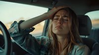 Stressed young woman driver holding head in hand while sitting in car during traffic jam or difficult driving situation at sunset.