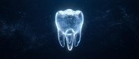 Digital holographic tooth with glowing neural network patterns on dark blue background for dental technology and healthcare innovation concepts.