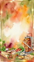 Watercolor shawarma menu background with doner kebab, fresh vegetables, sauces and pita bread, framed in gold for restaurant flyer design.