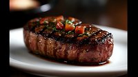 Juicy grilled beef steak topped with fresh herbs and diced tomatoes on white plate, dark background with selective focus. Restaurant quality meat preparation.