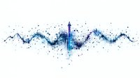 Abstract blue wave pattern with upward arrow formed by scattered particles and dots, creating dynamic motion effect against white background. Suitable for business and technology designs.