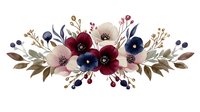 Elegant watercolor floral arrangement with burgundy, navy blue, and blush pink flowers on transparent background, suitable for wedding invitations.