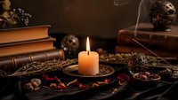 Mystical fortune telling setup with burning candle, ancient books, crystal ball and tarot cards creating atmospheric divination scene for spiritual practices.