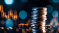 Stack of silver coins on dark background with blue bokeh lights and financial chart, representing investment growth and market analysis concept.