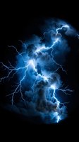 Dramatic lightning bolts striking through dark storm clouds with bright electric blue light, isolated on black background for design use.