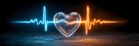 Glass heart with glowing blue and orange heartbeat pulse lines on dark background for medical healthcare cardiology concepts.
