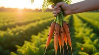 Fresh organic carrots held by farmer hand at sunset in agricultural field with green crops background for healthy eating and farm produce marketing.