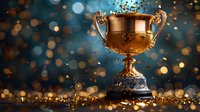 Luxurious golden trophy cup on dark background with magical bokeh lights and glitter particles, perfect for achievement and success concepts in business or sports.