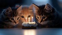 Two curious tabby cats looking at birthday cake with lit candles against dark background, creating magical celebratory mood for pet birthday party or greeting card.
