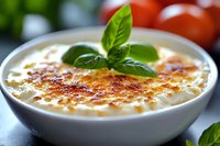Creamy white sauce garnished with fresh basil leaves and caramelized top in ceramic bowl, selective focus on herbs, tomatoes in background, macro food photography.