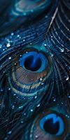 Vibrant peacock feather with water droplets in deep blue and turquoise tones, showing intricate natural patterns and iridescent eye spots in macro photography.