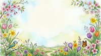 Spring landscape frame with blooming flowers, butterflies and bird on pastel background for greeting cards, invitations and seasonal designs.