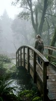 Hiker with backpack standing on wooden bridge in misty forest with stream, moss-covered trees and fog creating atmospheric woodland scene for travel and adventure concepts.