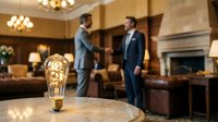 Businessman shaking hands with colleague in luxury office lobby with glowing lightbulb on marble table, representing innovation, partnership and corporate success in professional environment.