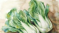 Fresh bok choy vegetables with green leaves and white stems painted in watercolor style on textured background for healthy cooking and nutrition concepts.
