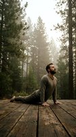 Bearded Caucasian man practicing yoga cobra pose on wooden deck in misty pine forest, mindfulness and wellness outdoor concept.