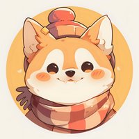 Adorable cartoon corgi puppy wearing winter scarf and hat with rosy cheeks on orange circular background, kawaii style illustration for children decor.