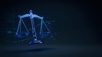 Digital justice scales with glowing blue wireframe design on dark tech background for legal technology and law firm presentations.