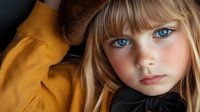 Young blonde girl with striking blue eyes and bangs wearing black bow tie, dramatic lighting creates moody portrait against yellow background. Artistic fashion photography.