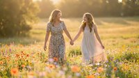 Two young women holding hands walking through wildflower meadow at golden hour sunset. Female friends in summer dresses enjoying nature outdoors together.