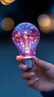 Glowing light bulb with magical purple and blue sparkles held by feminine hand against dark background, representing creativity and innovation.