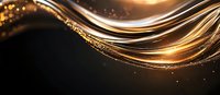 Luxurious golden waves flow across dark background with glowing light effects and sparkling particles creating elegant abstract composition for luxury designs.