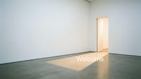 Minimalist empty white gallery room with concrete floor, open door letting in warm light, and Welcome text overlay.