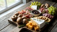 Gourmet charcuterie board with assorted meats, cheeses, grapes, nuts and crackers arranged on rustic wooden platter by window for entertaining.