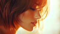 Young woman with short red hair in profile against warm sunlit background, soft focus portrait highlighting delicate features and red lipstick.