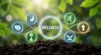 Wellness concept with glowing icons on natural green background showing healthy lifestyle symbols for holistic health and wellbeing applications.
