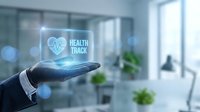 Hand in dark glove holding glowing digital health tracking interface with heart rate monitor icon in modern office setting.