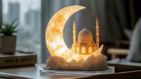 Glowing crescent moon with illuminated mosque on cloud base lamp creates magical Ramadan atmosphere in cozy home interior setting.