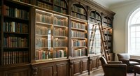 Elegant home library with floor-to-ceiling wooden bookshelves, rolling ladder, and leather armchair creating sophisticated reading room atmosphere.
